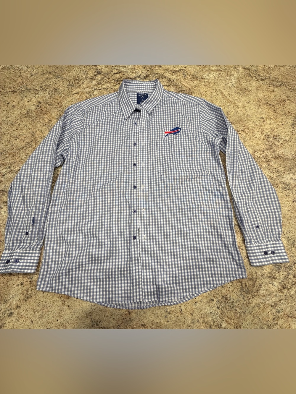 Antigua Men's Blue and White Check Button-Down Shirt with Buffalo Bills Logo XL